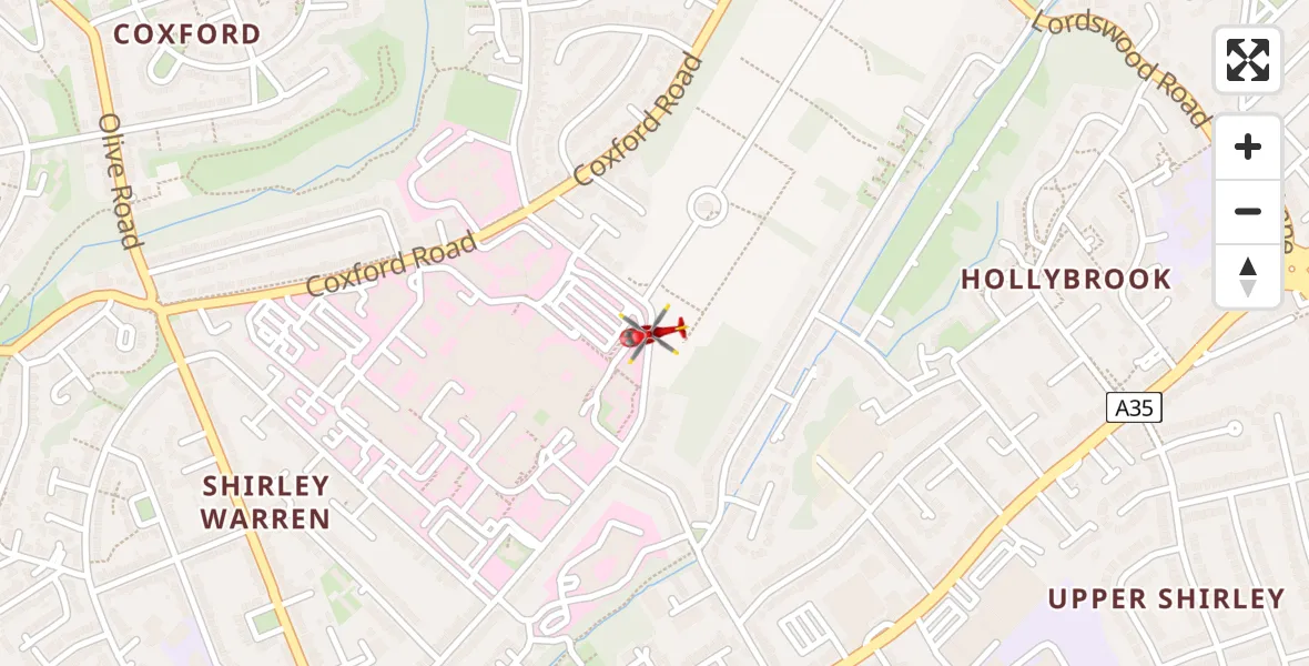 Flight path map showing Air Ambulance Helicopter route from University Hospital Southampton to University Hospital Southampton