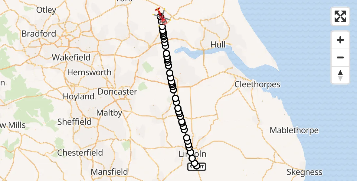 Flight path map showing Air Ambulance Helicopter route from RAF Waddington to Melbourne