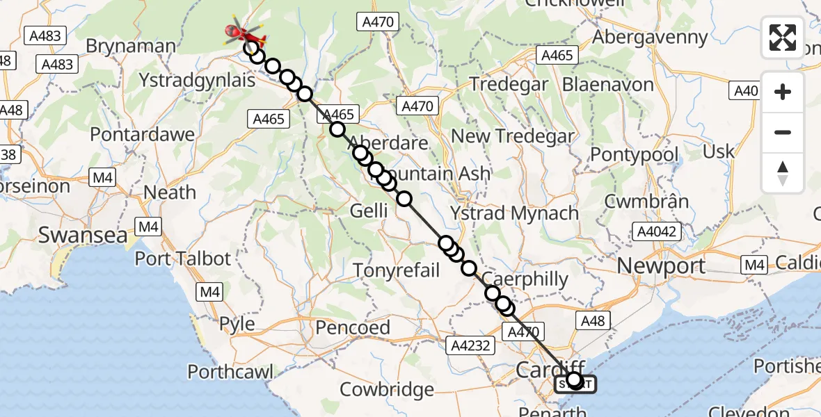 Routekaart van de vlucht: Air Ambulance Helicopter to Pen y Cae, A4067