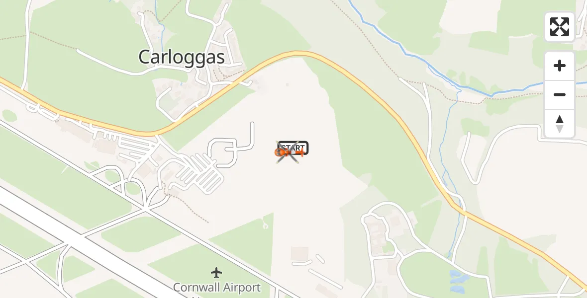 Flight path map showing Coastguard Helicopter route from Cornwall Airport Newquay to Cornwall Airport Newquay