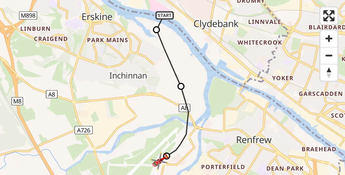 Flight path map showing Air Ambulance Helicopter route from Golden Jubilee Hospital to Glasgow Airport