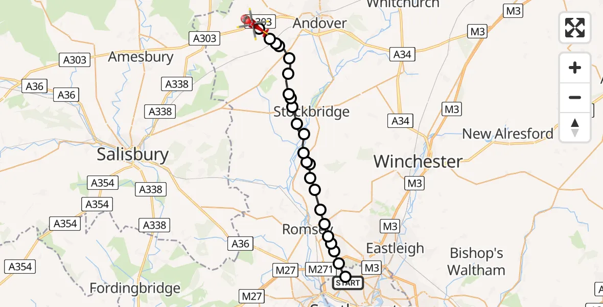 Flight path map showing Air Ambulance Helicopter route from University Hospital Southampton to Thruxton