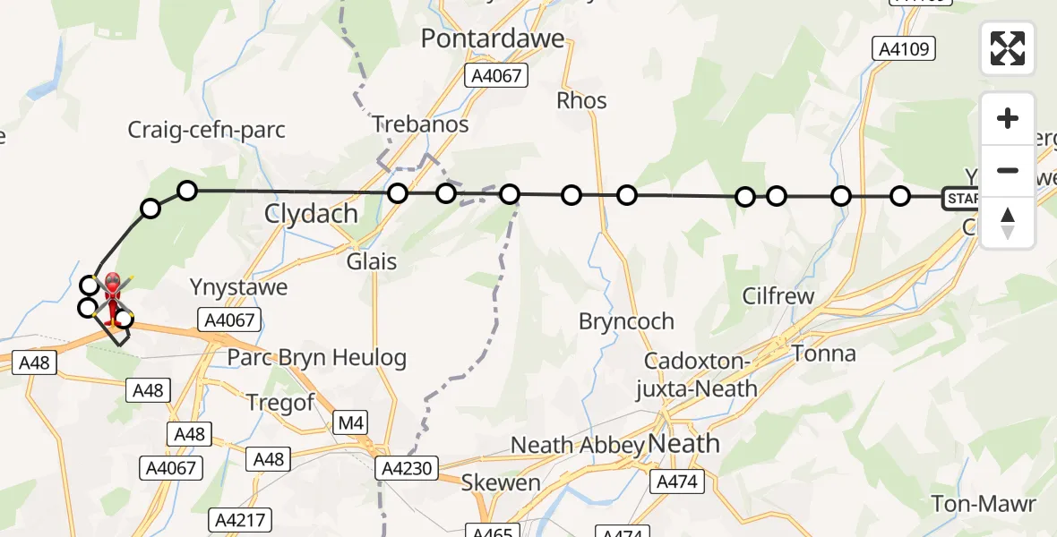 Flight path map showing Air Ambulance Helicopter route from Ynysarwed to Morriston Hospital Helipad