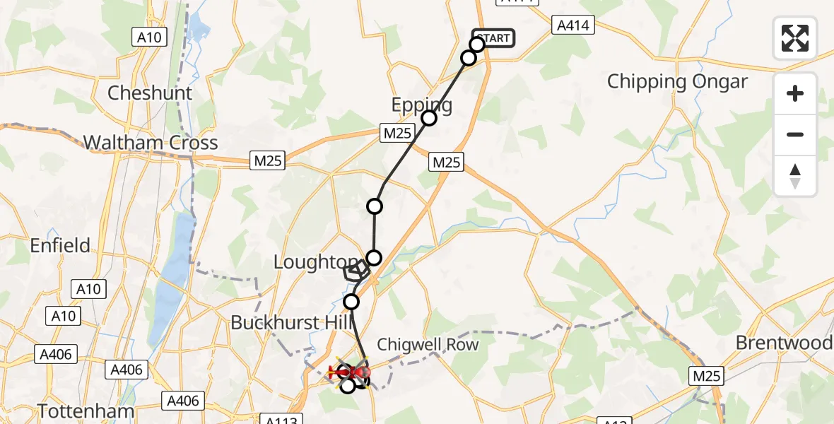 Flight path map showing Air Ambulance Helicopter route from North Weald Airfield to Chigwell