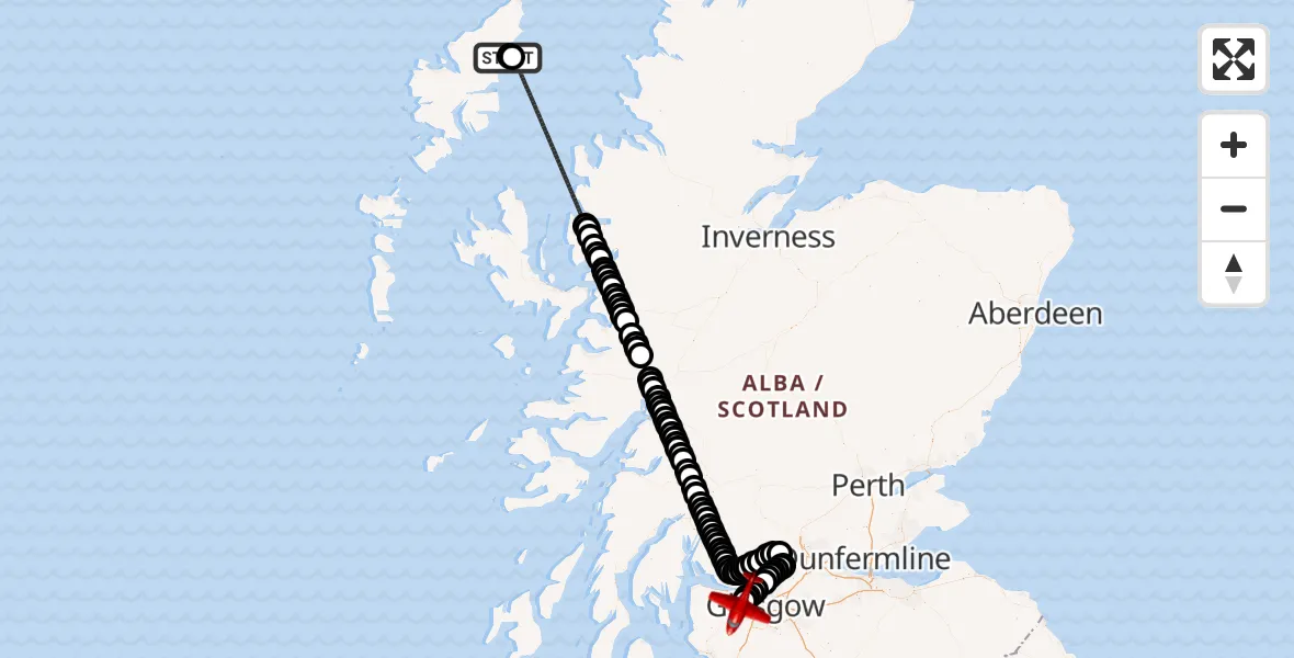 Flight path map showing Air Ambulance Aircraft route from Àird Thunga to Glasgow Airport