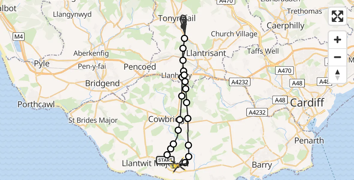 Flight path map showing Police Helicopter route from Boverton to MOD St Athan