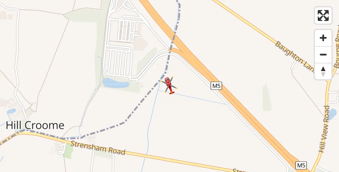 Flight path map showing Air Ambulance Helicopter route from Hill Croome to Hill Croome
