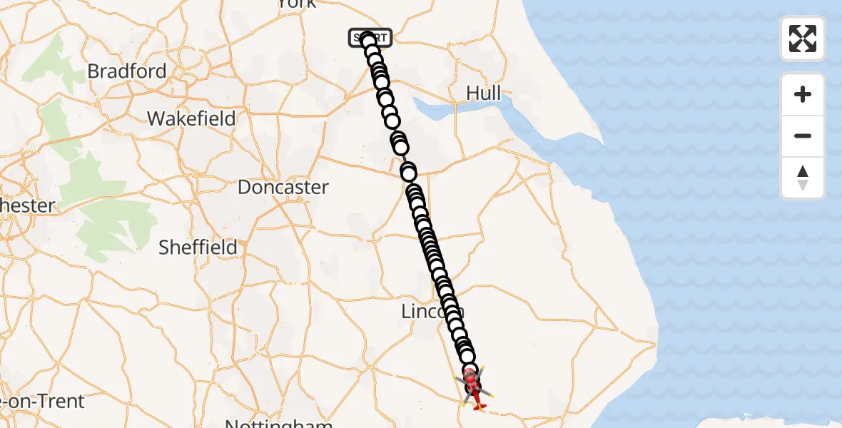 Flight path map showing Air Ambulance Helicopter route from Melbourne to Ruskington