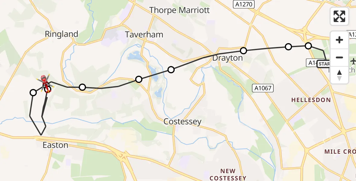Flight path map showing Air Ambulance Helicopter route from Norwich Airport to Ringland