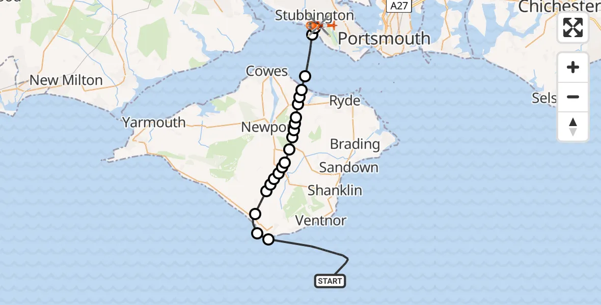 Flight path map showing Coastguard Helicopter route from English Channel to Solent Airport