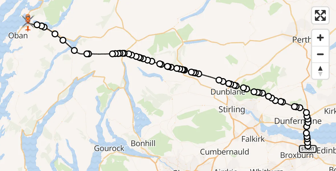 Flight path map showing Coastguard Helicopter route from City of Edinburgh to Oban Airport