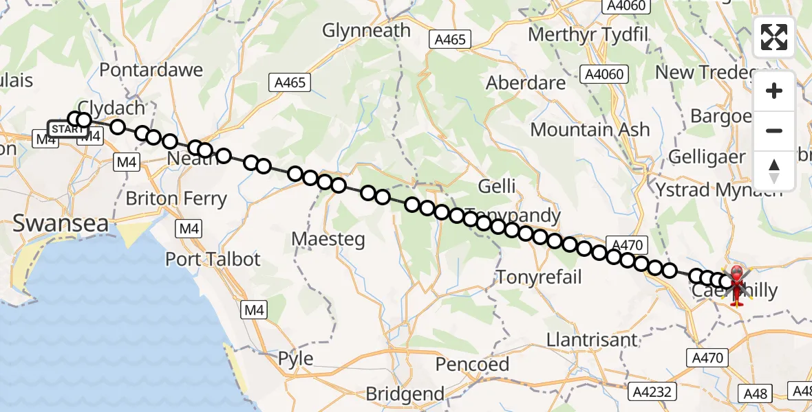 Flight path map showing Air Ambulance Helicopter route from Morriston Hospital Helipad to Caerphilly