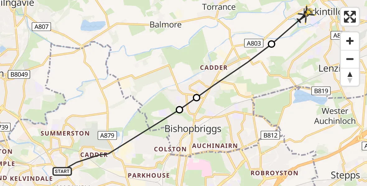 Flight path map showing Police Helicopter route from Glasgow to Kirkintilloch