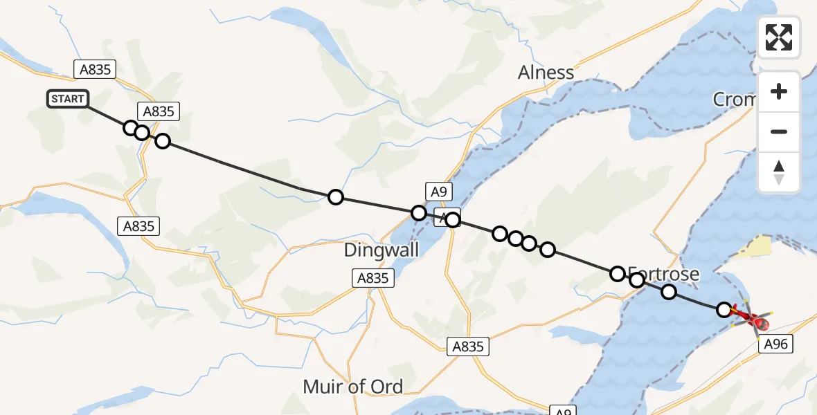 Flight path map showing Air Ambulance Helicopter route from The Fish Road (Heritage path) to Ardersier