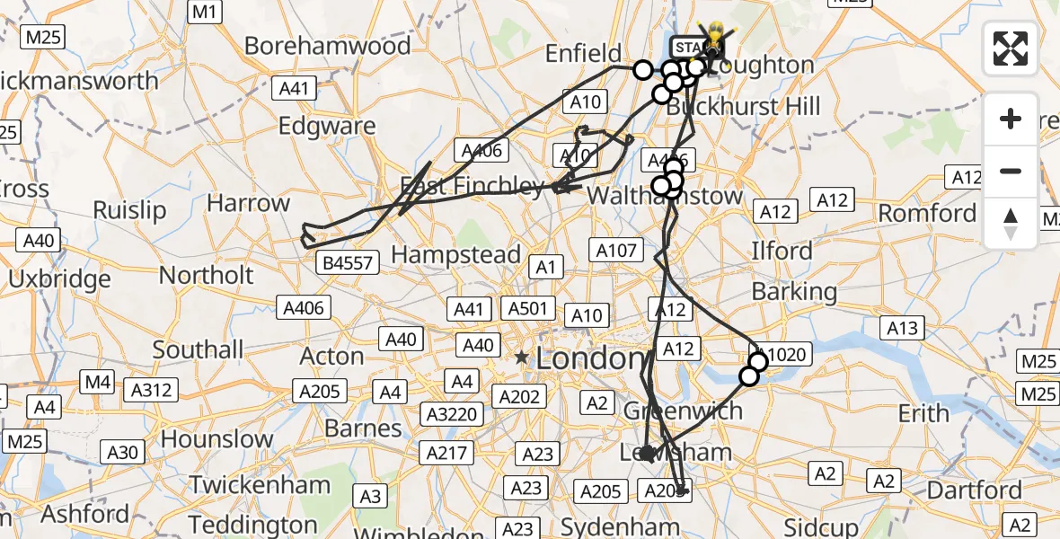 Flight path map showing Police Helicopter route from Sewardstonebury to Metropolitan Police Air Support Unit Lippitts Hill