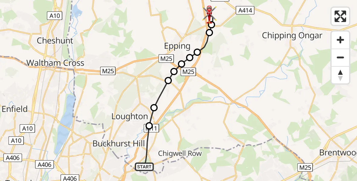 Flight path map showing Air Ambulance Helicopter route from Chigwell to North Weald Airfield