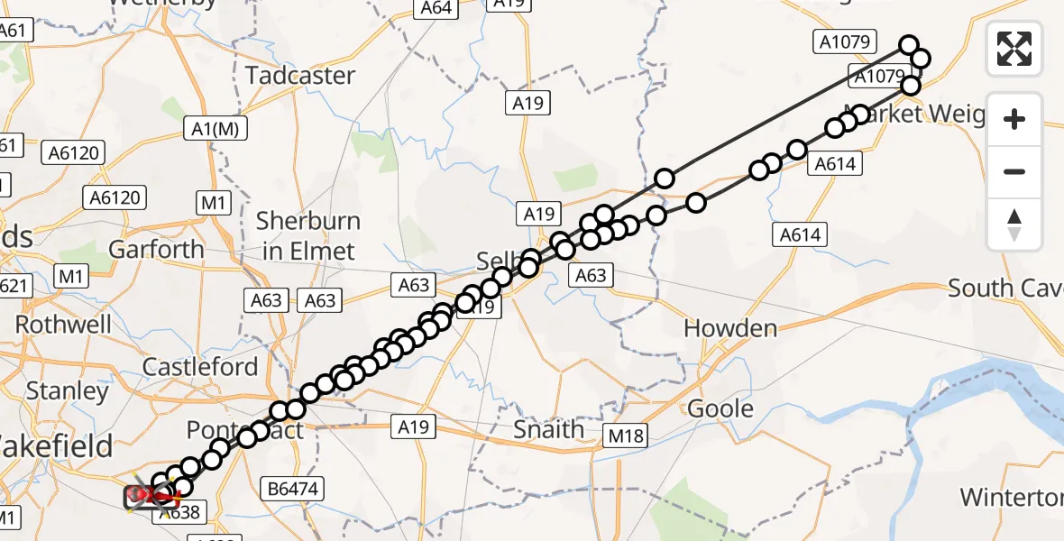 Flight path map showing Air Ambulance Helicopter route from YAA Nostell Helicopter Port to YAA Nostell Helicopter Port