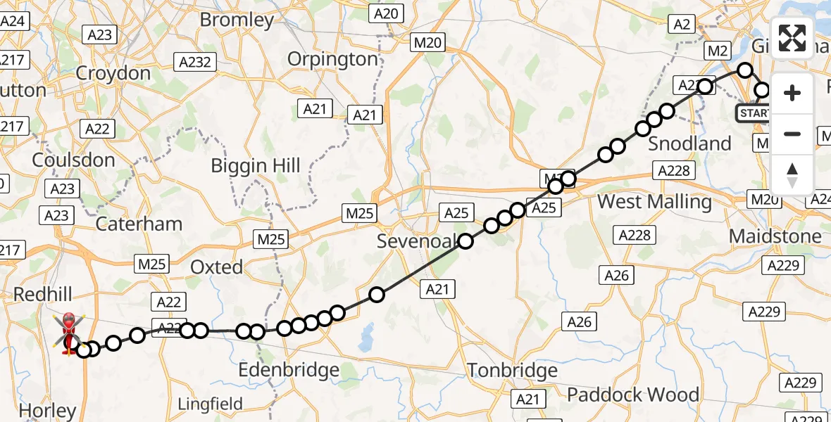 Flight path map showing Air Ambulance Helicopter route from Rochester Airport to Redhill Aerodrome