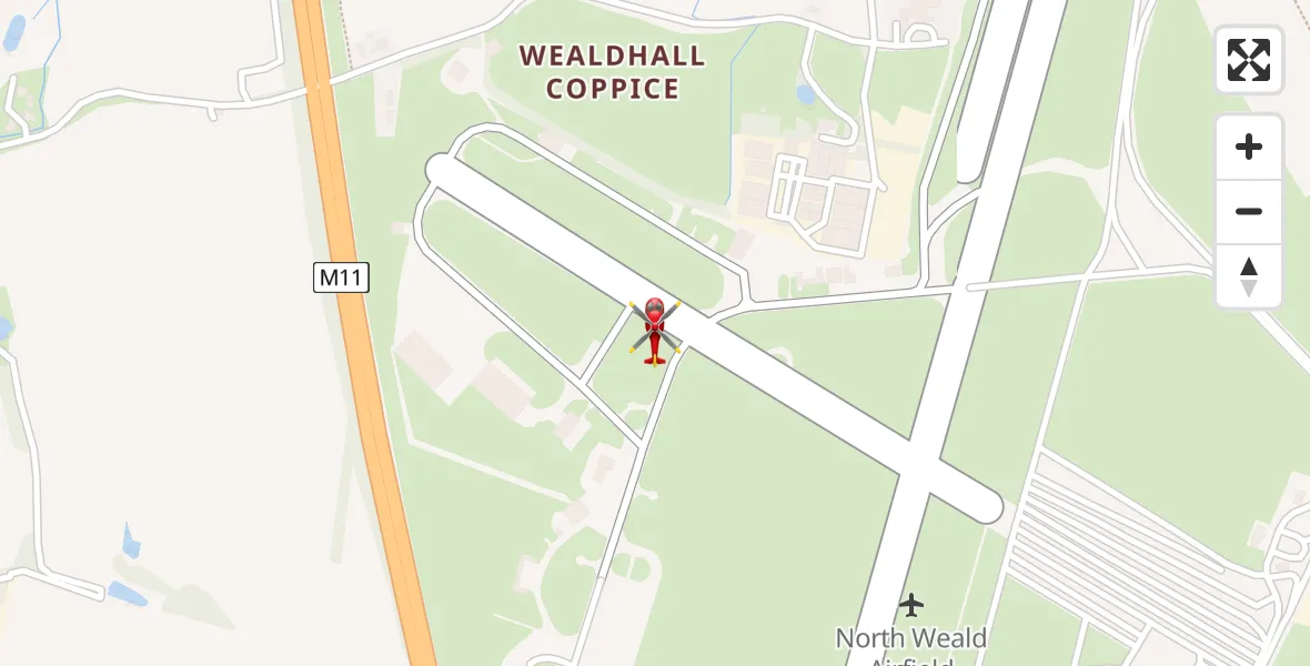 Flight path map showing Air Ambulance Helicopter route from North Weald Airfield to North Weald Airfield