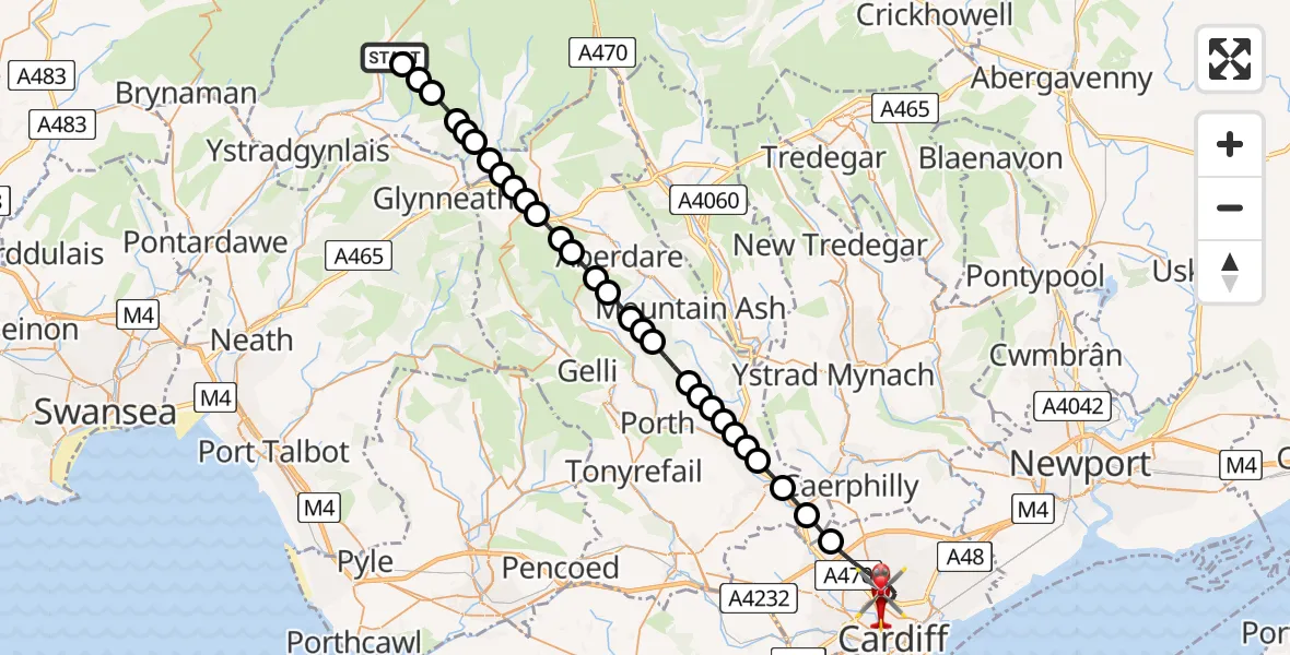 Flight path map showing Air Ambulance Helicopter route from Llywel to Cardiff