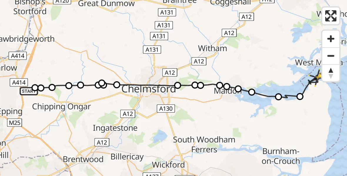 Flight path map showing Police Helicopter route from North Weald Airfield to Bradwell on Sea