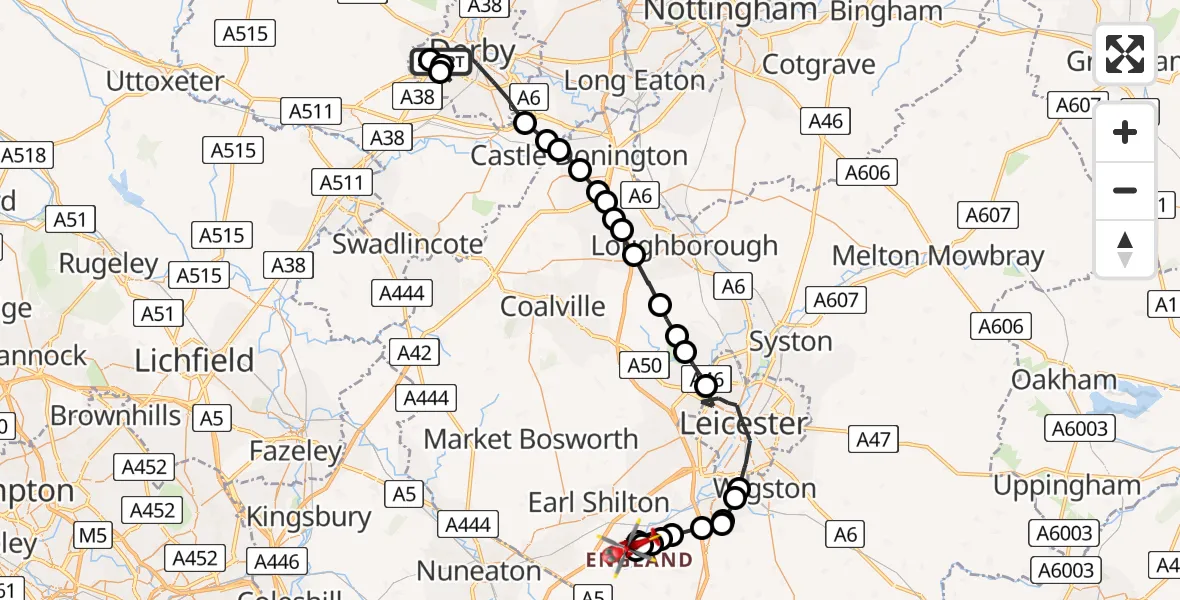 Routekaart van de vlucht: Air Ambulance Helicopter to Sapcote, Ivy House Close