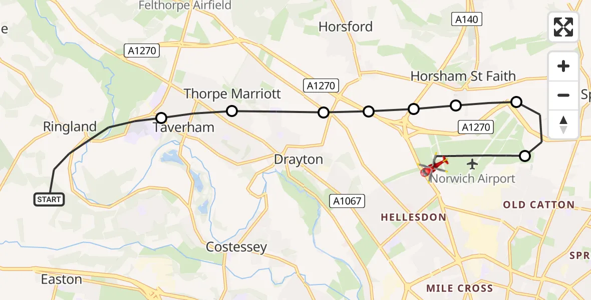Flight path map showing Air Ambulance Helicopter route from Ringland to Norwich Airport
