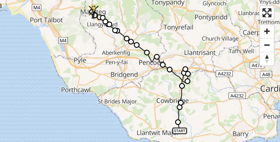 Flight path map showing Police Helicopter route from MOD St Athan to Maesteg