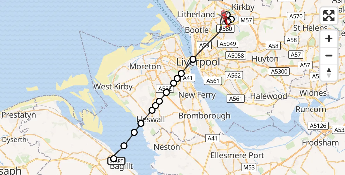 Routekaart van de vlucht: Air Ambulance Helicopter to Aintree University Hospital Heliport
