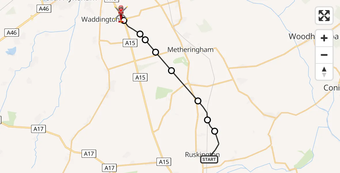 Flight path map showing Air Ambulance Helicopter route from Ruskington to North Kesteven