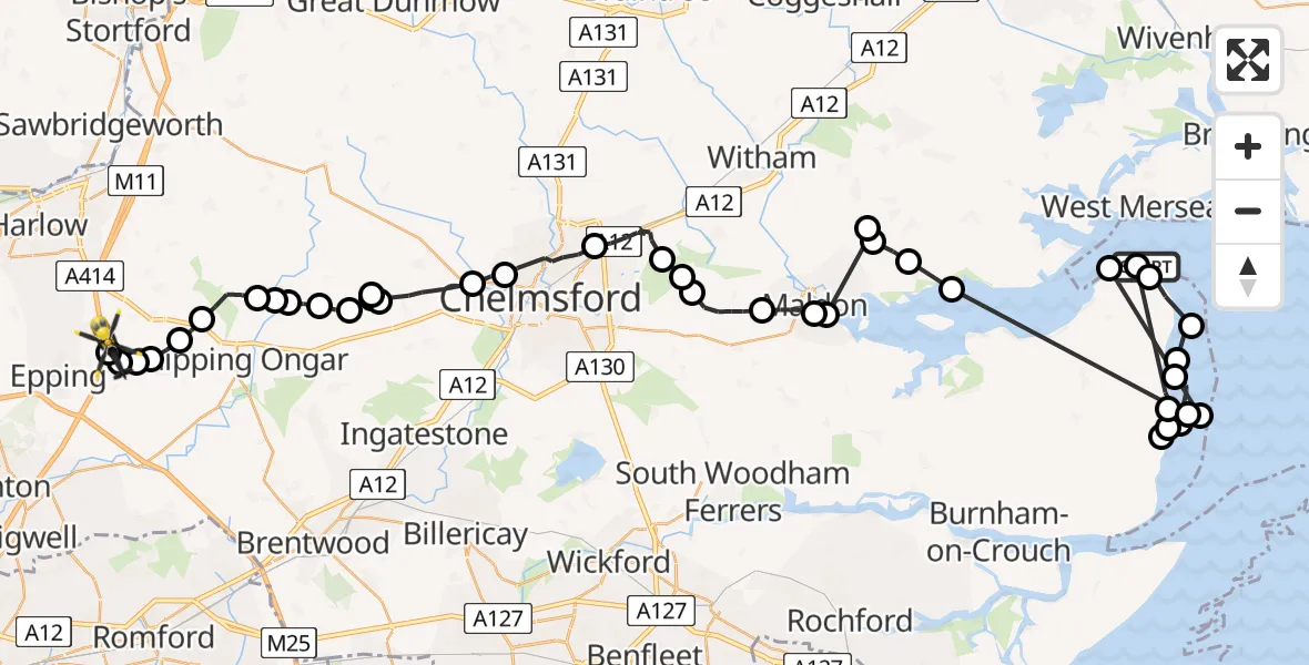 Flight path map showing Police Helicopter route from Maldon to North Weald Bassett