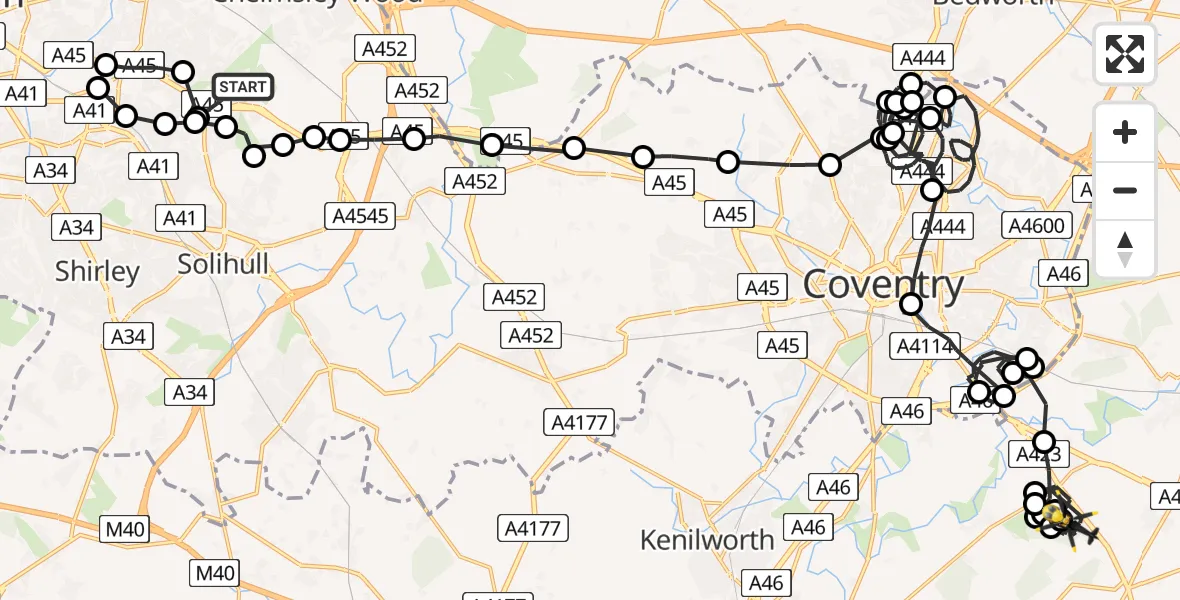 Flight path map showing Police Helicopter route from Birmingham to Ryton-on-Dunsmore