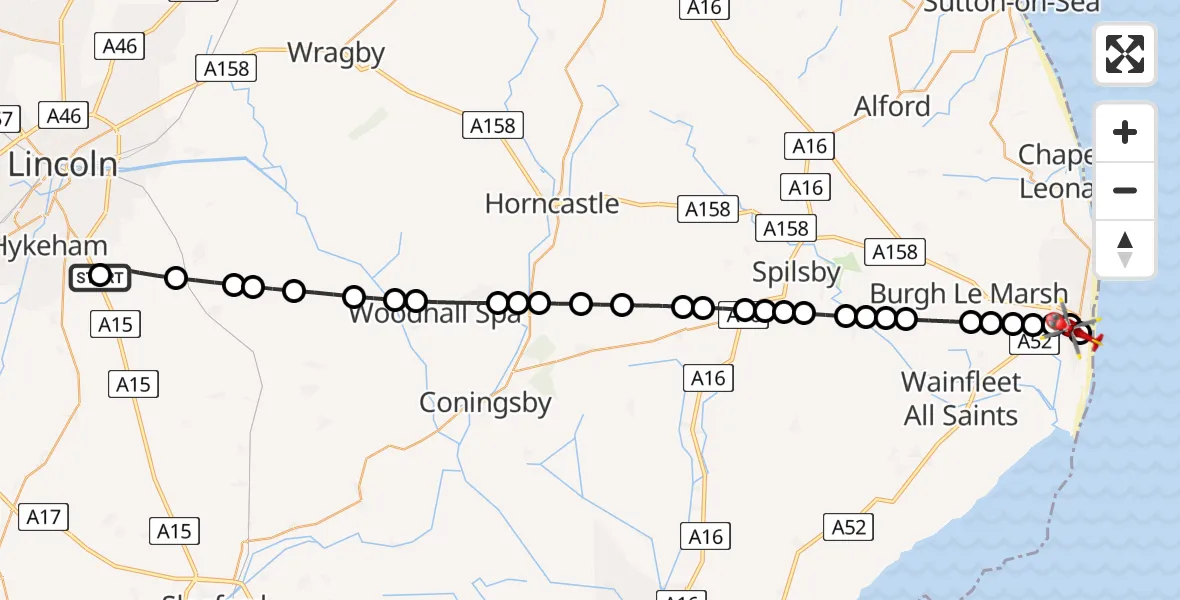 Flight path map showing Air Ambulance Helicopter route from RAF Waddington to Skegness