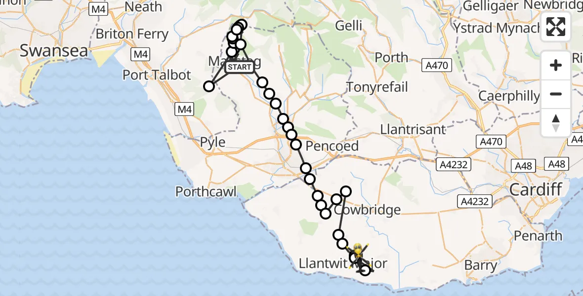 Flight path map showing Police Helicopter route from Maesteg to Boverton