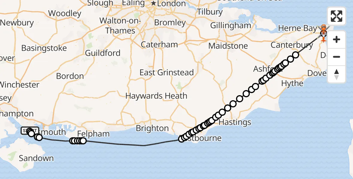 Flight path map showing Coastguard Helicopter route from Solent Airport to Manston Airport