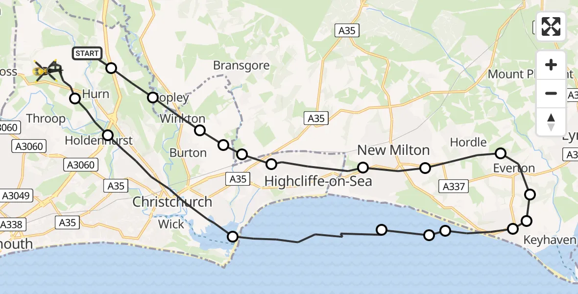 Flight path map showing Police Helicopter route from Bournemouth Airport to Bournemouth Airport