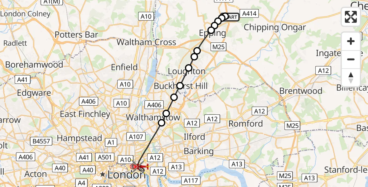 Flight path map showing Air Ambulance Helicopter route from North Weald Airfield to Greater London