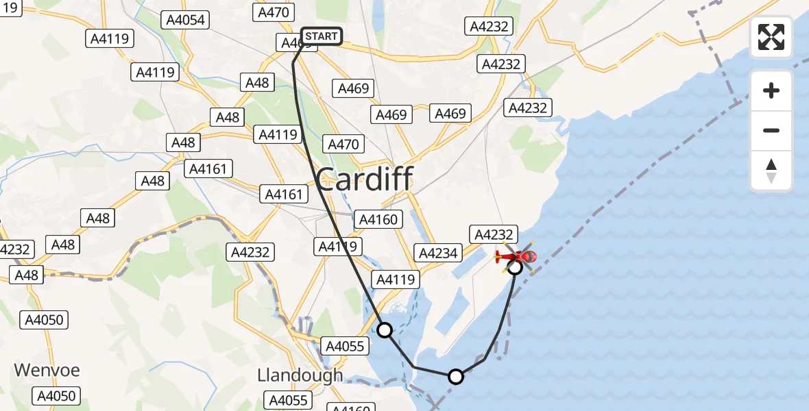 Flight path map showing Air Ambulance Helicopter route from Cardiff to Cardiff Heliport
