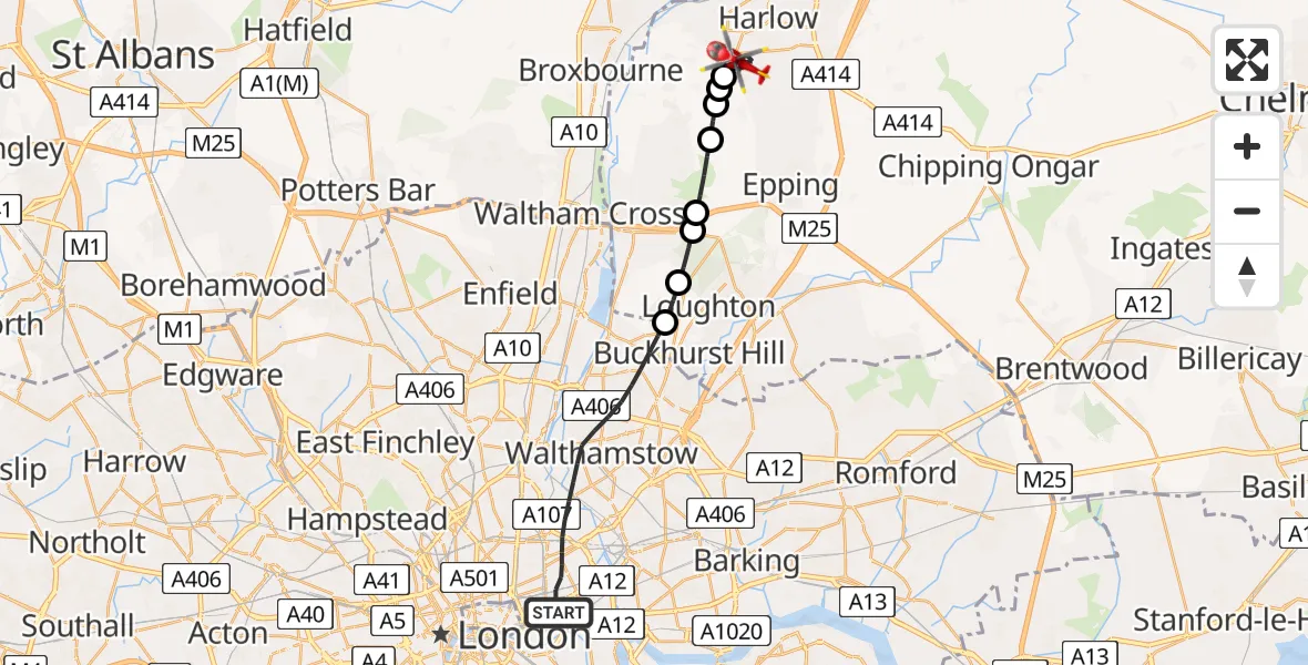 Flight path map showing Air Ambulance Helicopter route from Greater London to Harlow