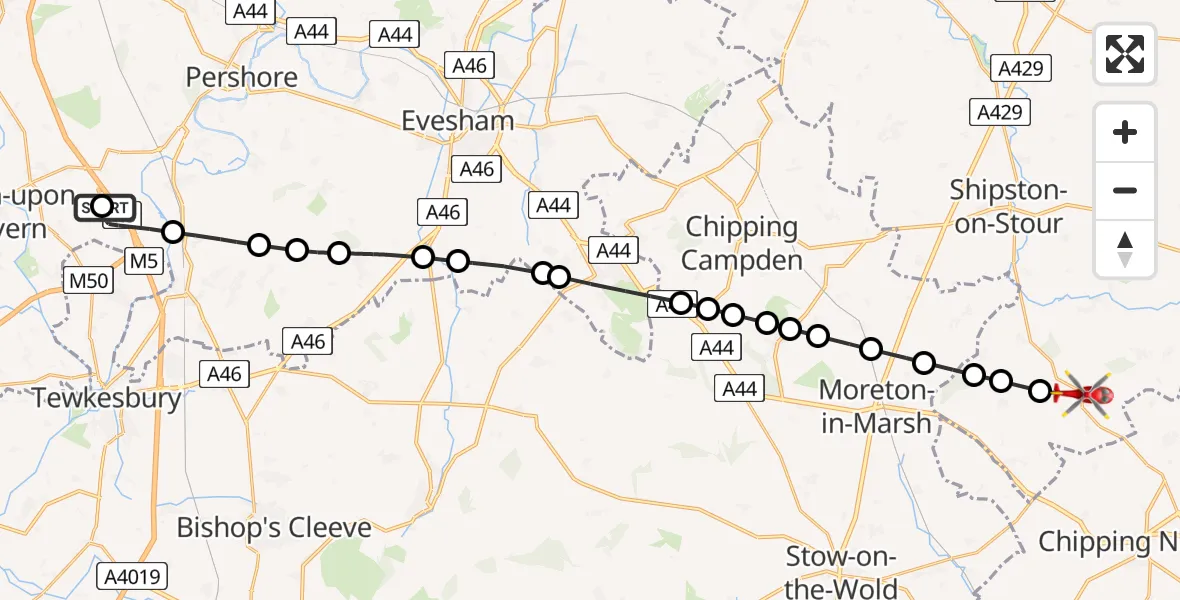 Flight path map showing Air Ambulance Helicopter route from Hill Croome to Long Compton