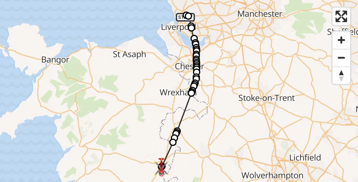Flight path map showing Air Ambulance Helicopter route from Aintree University Hospital Heliport to Welshpool Airport
