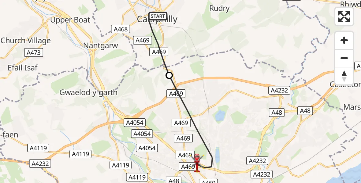 Flight path map showing Air Ambulance Helicopter route from Caerphilly to Cardiff