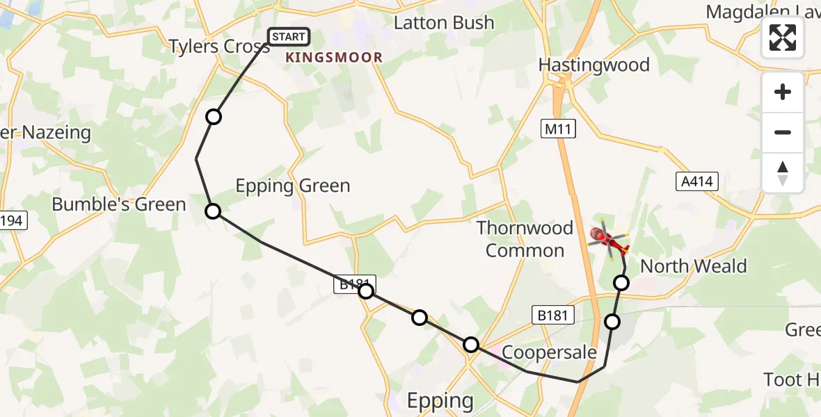 Flight path map showing Air Ambulance Helicopter route from Harlow to North Weald Airfield