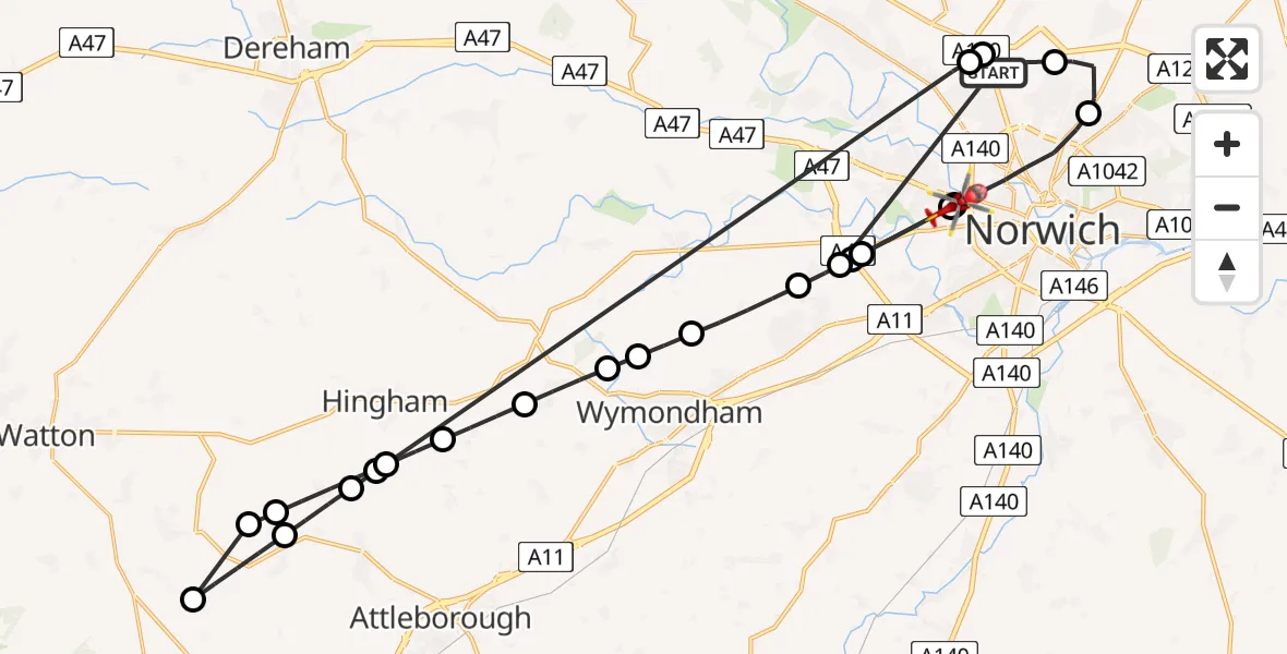 Flight path map showing Air Ambulance Helicopter route from Norwich Airport to Norwich