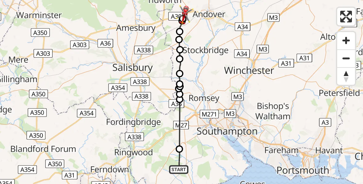Flight path map showing Air Ambulance Helicopter route from Brockenhurst to Thruxton
