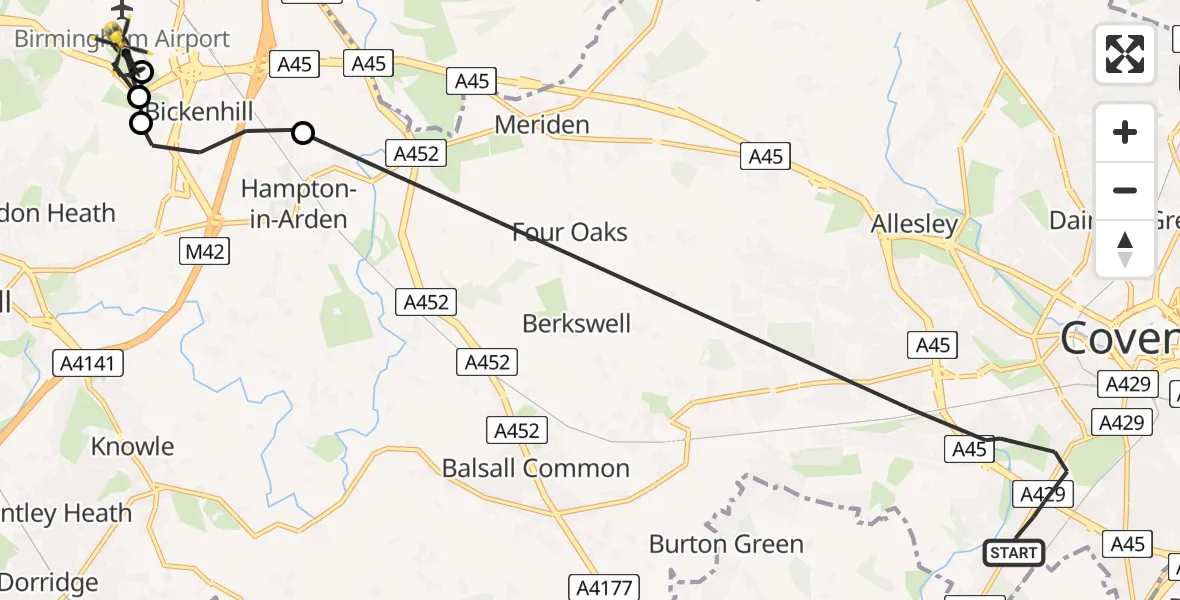 Flight path map showing Police Helicopter route from Coventry to Birmingham Airport