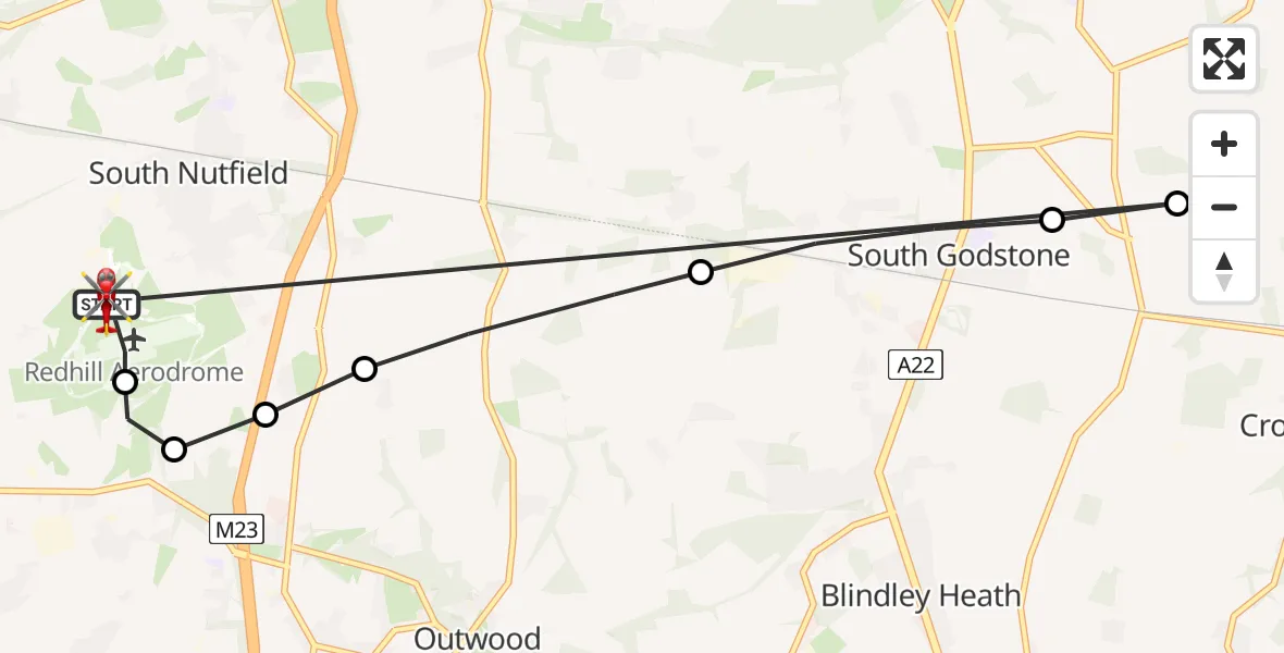 Flight path map showing Air Ambulance Helicopter route from Redhill Aerodrome to Redhill Aerodrome