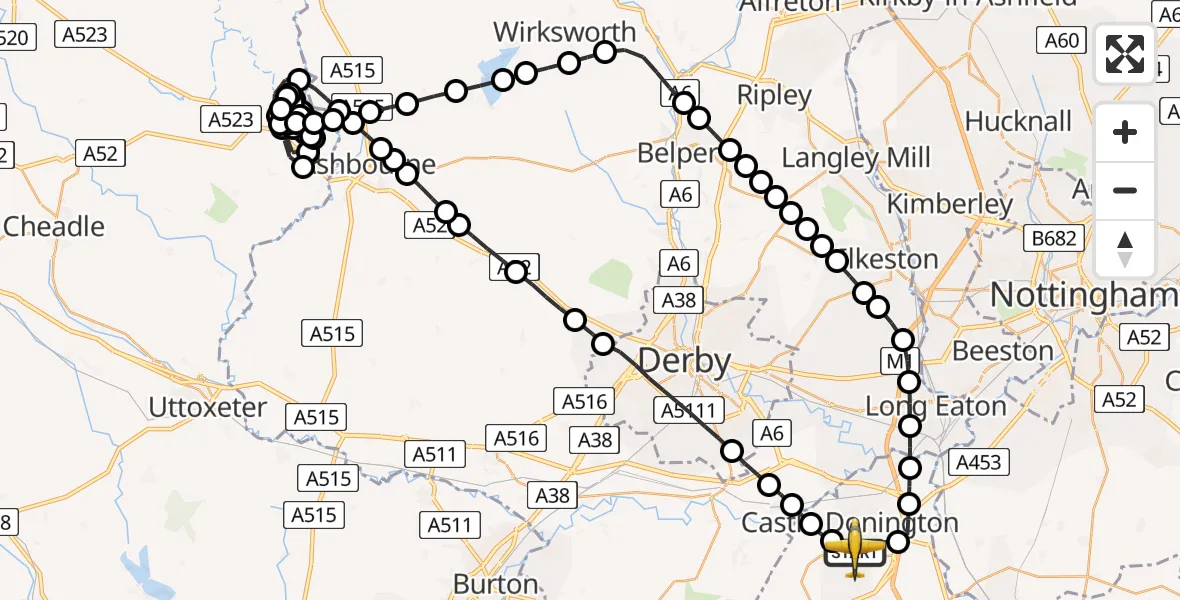 Flight path map showing Police Aircraft route from East Midlands Airport to East Midlands Airport