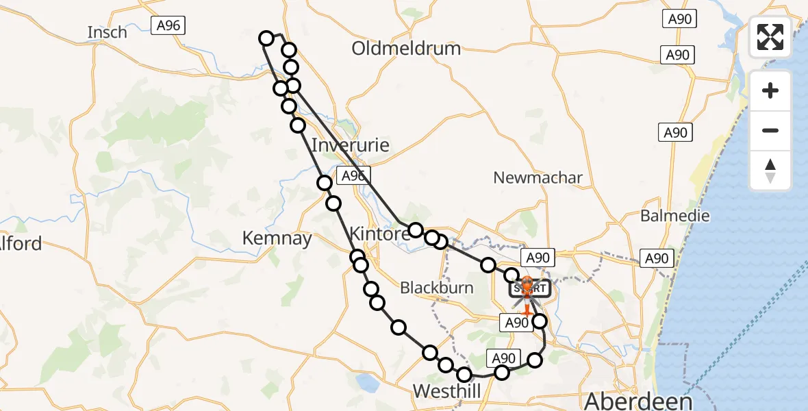 Flight path map showing Coastguard Helicopter route from Aberdeen International Airport to Aberdeen International Airport