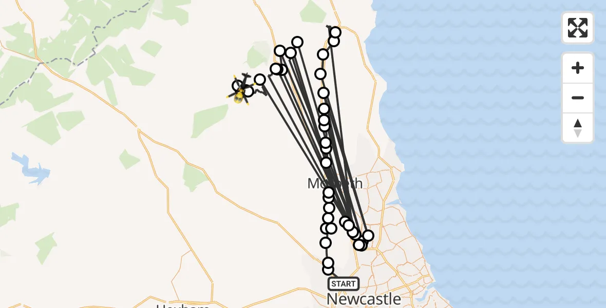Flight path map showing Police Helicopter route from Newcastle upon Tyne to Thropton